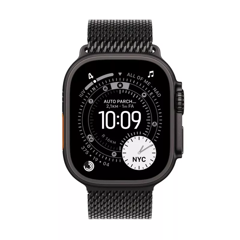 Apple Watch Ultra 3 GPS + Cellular 49mm Gehäuse aus schwarzem Titan mit schwarzem Titan Milanese Loop, groß