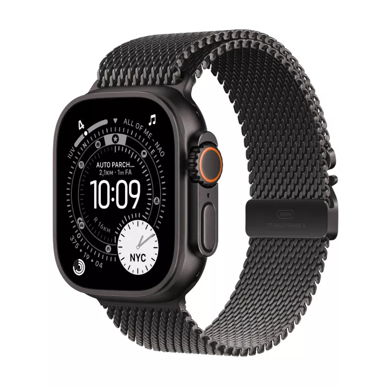 Apple Watch Ultra 3 GPS + Cellular 49mm Gehäuse aus schwarzem Titan mit schwarzem Titan Milanese Loop, groß