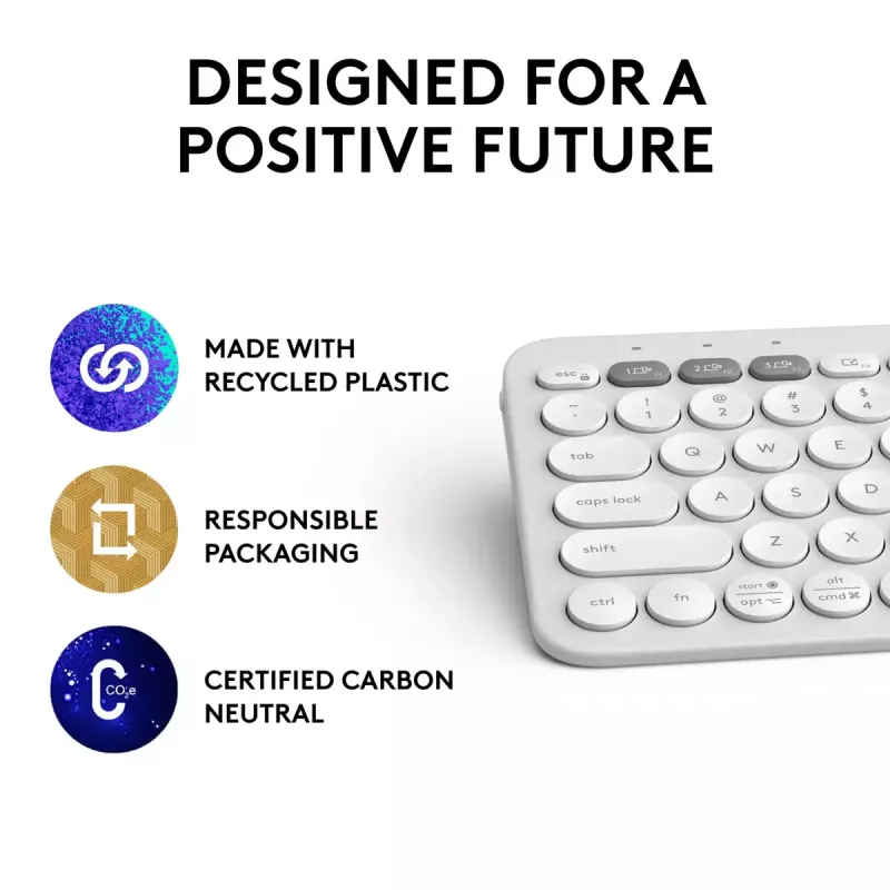 Kompakte Mini-Tastatur Logitech Pebble Keys 2 K380s — RF Wireless + Bluetooth, QWERTY US International, weiß