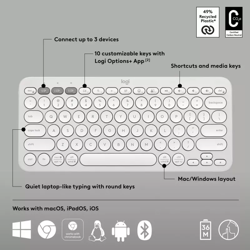 Kompakte Mini-Tastatur Logitech Pebble Keys 2 K380s — RF Wireless + Bluetooth, QWERTY US International, weiß