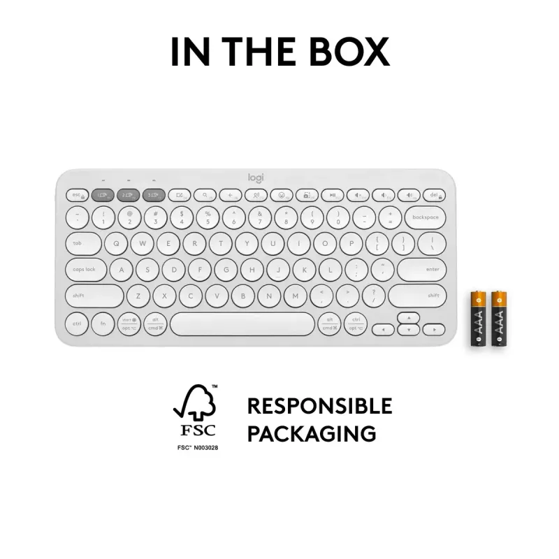 Kompakte Mini-Tastatur Logitech Pebble Keys 2 K380s — RF Wireless + Bluetooth, QWERTY US International, weiß