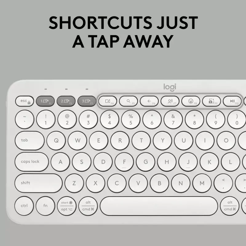 Kompakte Mini-Tastatur Logitech Pebble Keys 2 K380s — RF Wireless + Bluetooth, QWERTY US International, weiß