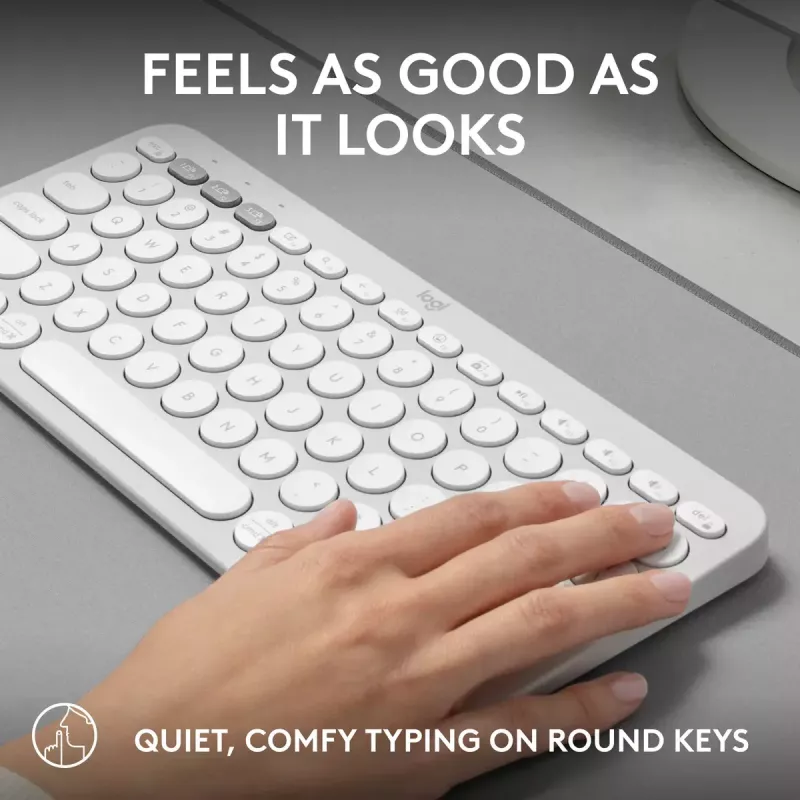 Kompakte Mini-Tastatur Logitech Pebble Keys 2 K380s — RF Wireless + Bluetooth, QWERTY US International, weiß