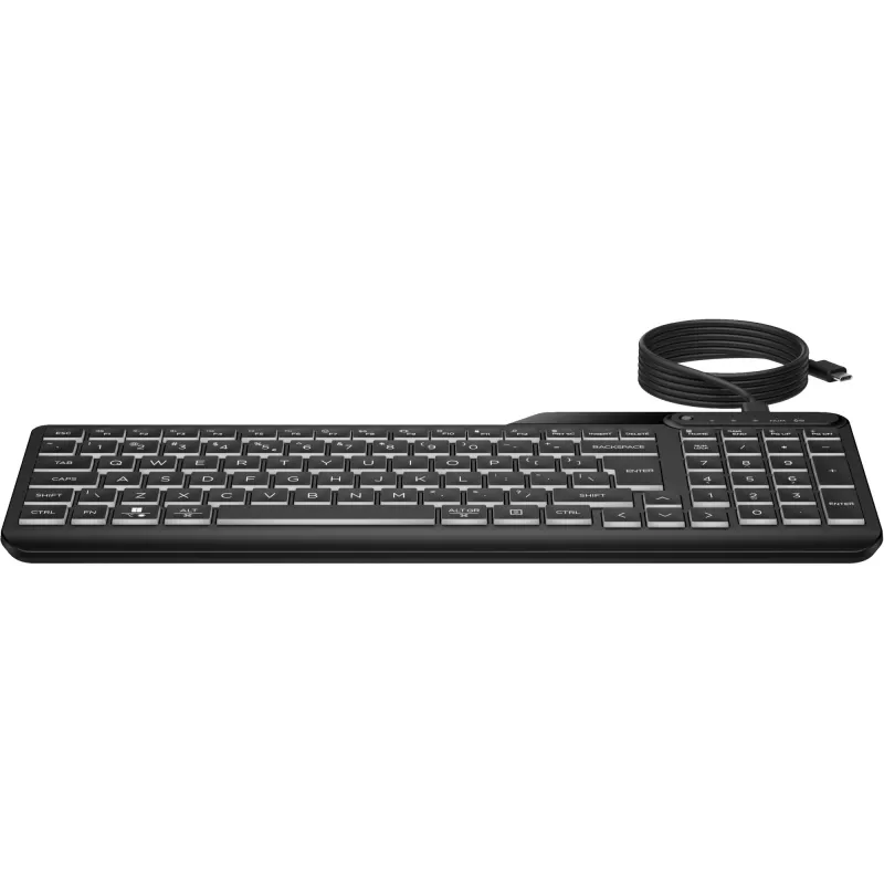 HP 405 Multi-Device Hintergrundbeleuchtete Kabelgebundene Tastatur, Vollgröße (100%), Kabelgebunden, USB, Membran, QWERTY, Schwarz