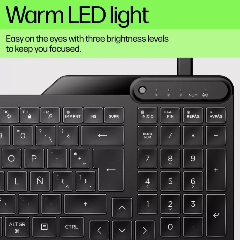 HP 405 Multi-Device Hintergrundbeleuchtete Kabelgebundene Tastatur, Vollgröße (100%), Kabelgebunden, USB, Membran, QWERTY, Schwarz