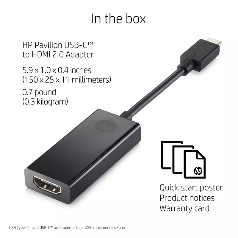 HP USB-C auf HDMI 2.0 Schwarz 111,2 mm Breite 44,2 mm Tiefe 17,1 mm Höhe