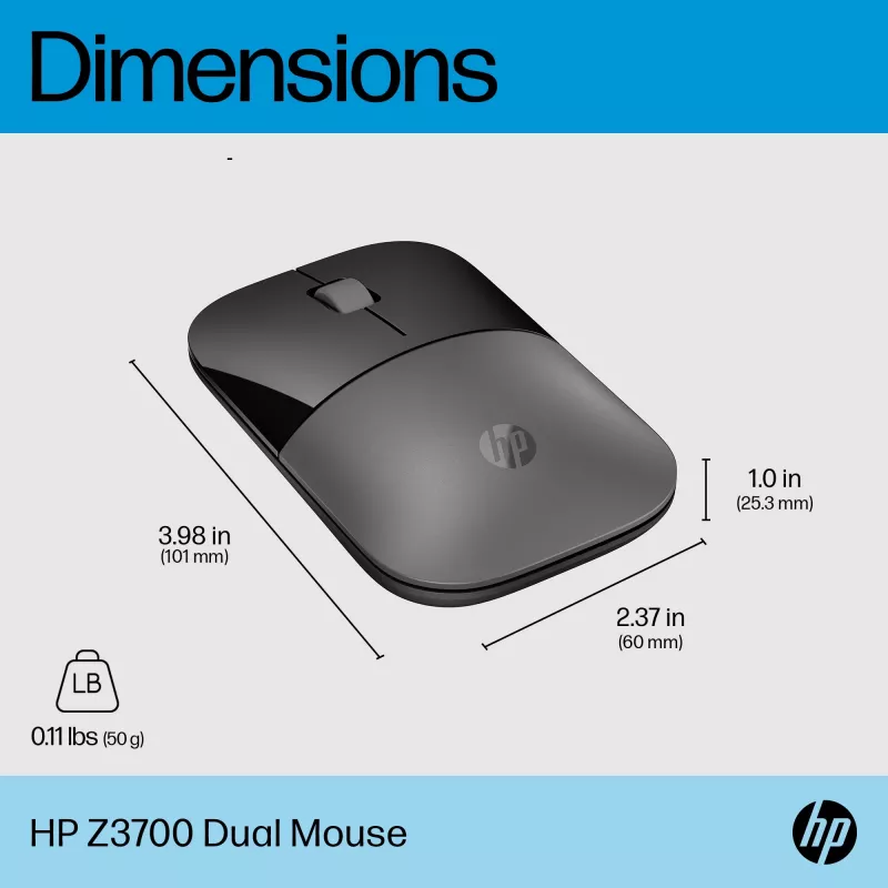 HP Z3700 Dual Silver Maus, beidhändig, RF Wireless + Bluetooth, Silber