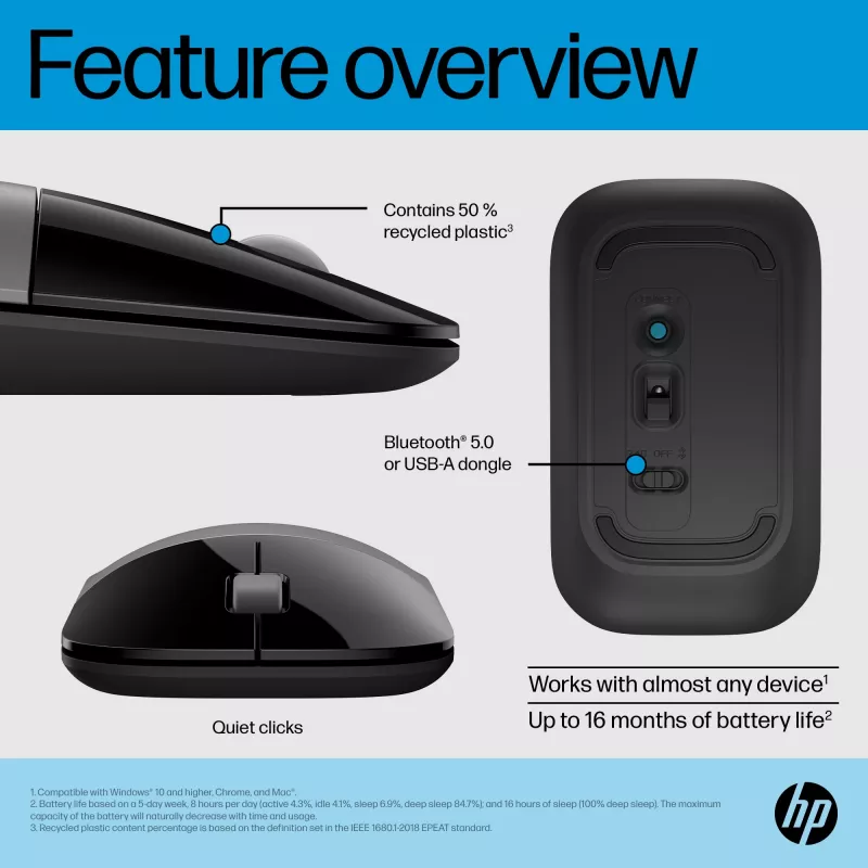 HP Z3700 Dual Silver Maus, beidhändig, RF Wireless + Bluetooth, Silber