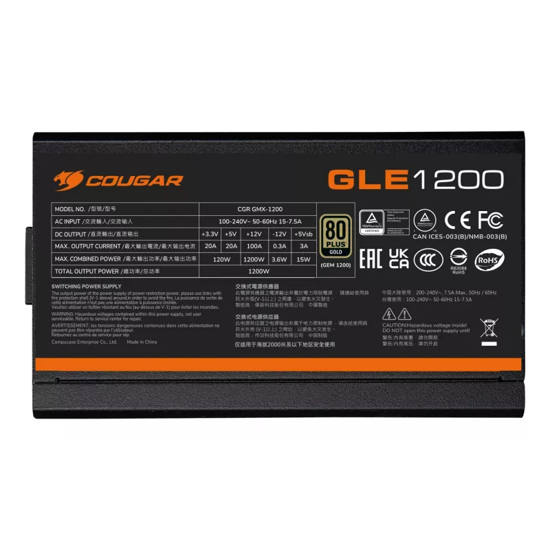COUGAR Netzteil GLE 1200W ATX3.1 / 80 Plus Gold, 1200 W, 100 - 240 V, 50/60 Hz, 15-7,5 A, 120 W, 1200 W
