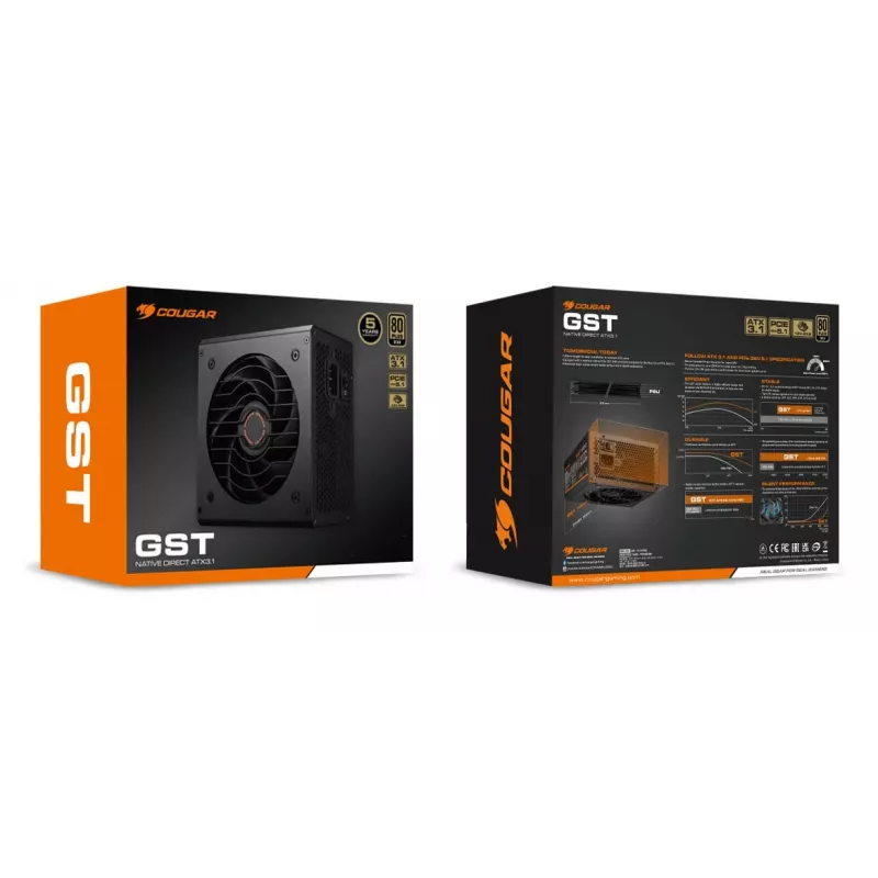 COUGAR Netzteil GST 750W ATX3.1 / 80 Plus Gold, 750 W, 100 - 240 V, 50/60 Hz, 10 - 5 A, 120 W, 750 W