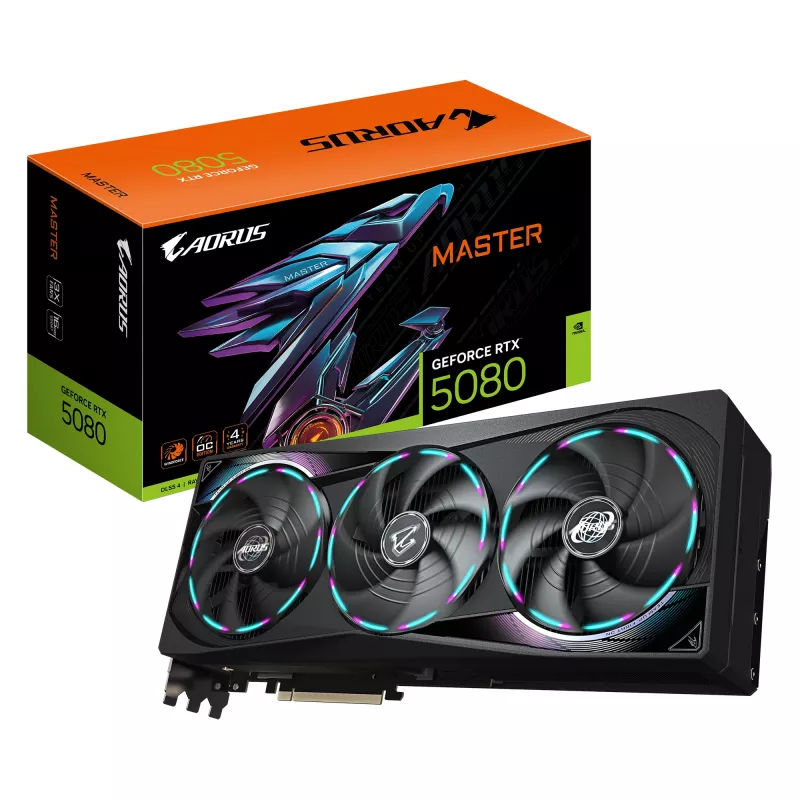 GIGABYTE AORUS GeForce RTX 5080 MASTER 16G Grafikkarte - 16GB GDDR7, 256bit, PCI-E 5.0, 2805MHz Core Clock, 3 x DisplayPort, 1 x HDMI, GV-N5080AORUS M-16GD