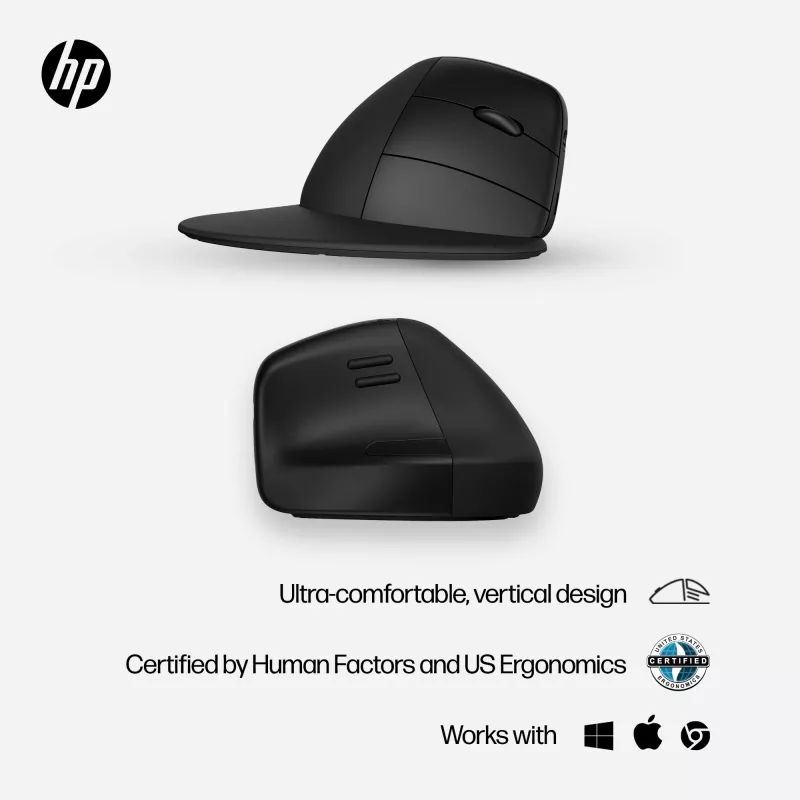 HP 920 Ergonomische kabellose Maus, Rechtshänder, vertikales Design, Bluetooth + USB Typ A, 4000 DPI, Schwarz