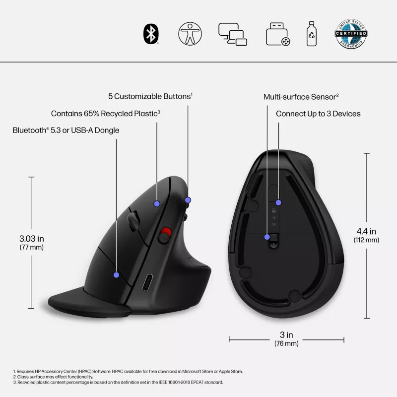 HP 920 Ergonomische kabellose Maus, Rechtshänder, vertikales Design, Bluetooth + USB Typ A, 4000 DPI, Schwarz