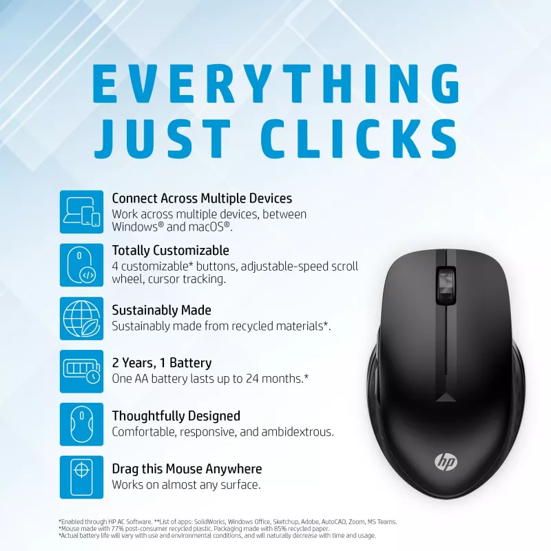 HP 430 Multi-Device Wireless Mouse, beidhändig, optisch, RF Wireless + Bluetooth, 1200 DPI, Schwarz