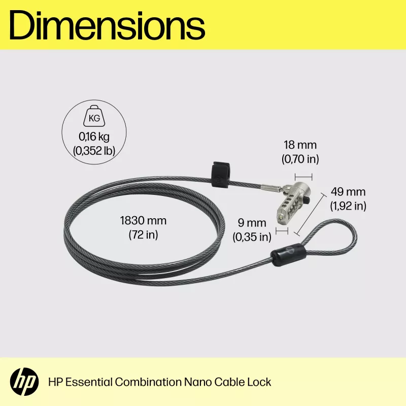 HP Essential Nano Kombinations-Kabelschloss, 1,83 m, Kombinationsschloss, Edelstahl