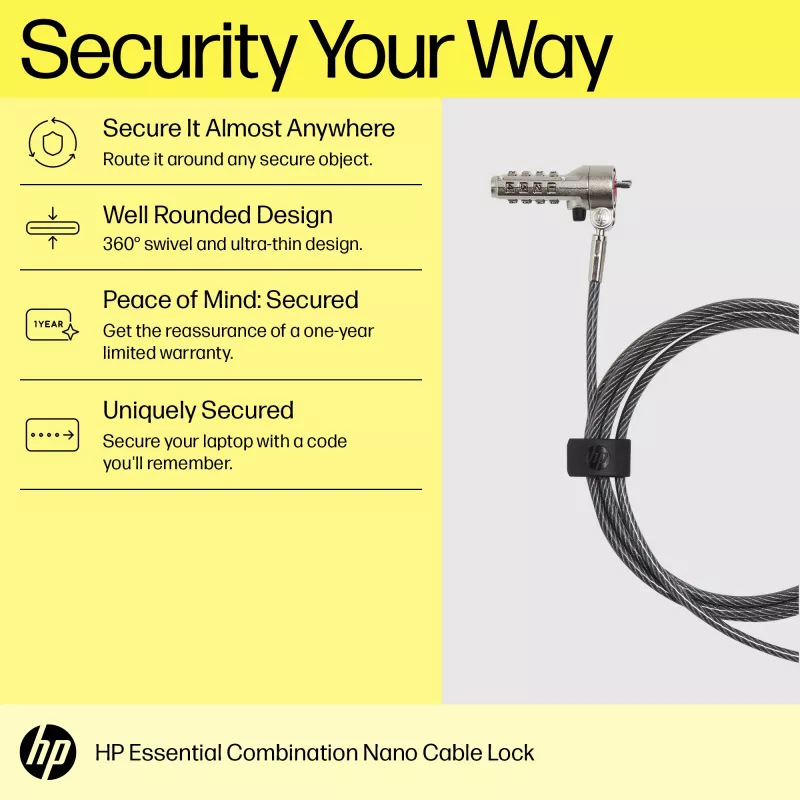HP Essential Nano Kombinations-Kabelschloss, 1,83 m, Kombinationsschloss, Edelstahl