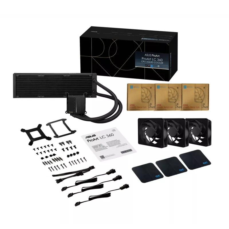 Flüssigkeitskühlsatz ASUS ProArt LC 360 Schwarz — 3x120 mm Lüfter 800–2200 U/min, Radiator 360 mm, Kupferboden, 40 cm Schläuche