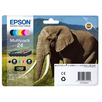 Epson Elephant Multipack 6-Farben 24 Claria Photo HD Ink, Standard Yield, Schwarz, Cyan, Hell-Cyan, Magenta, Hell-Magenta, Gelb, 5,1 ml, 4,6 ml, 6 Stück, Multipack