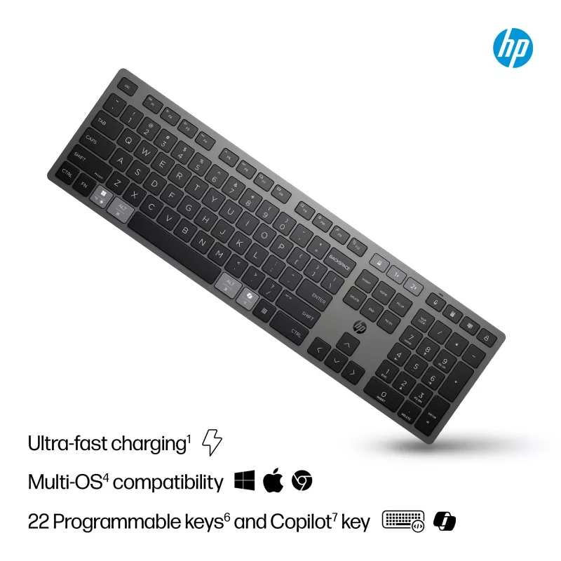 HP 725 Multi-Device wiederaufladbare kabellose Tastatur, Vollformat (100%), kabellos, RF Wireless + Bluetooth, Schwarz