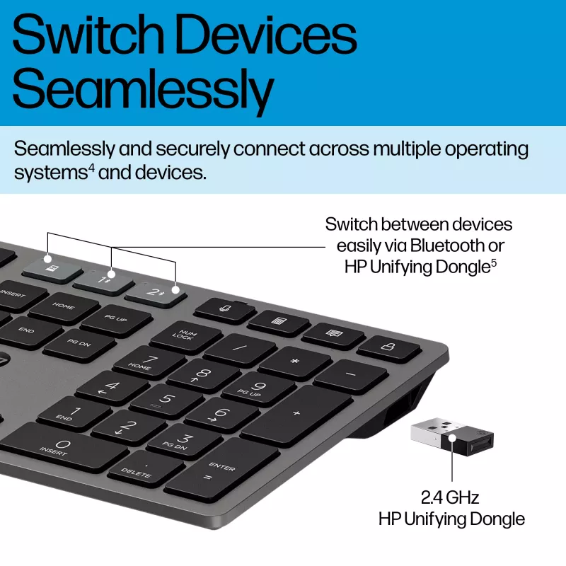 HP 725 Multi-Device wiederaufladbare kabellose Tastatur, Vollformat (100%), kabellos, RF Wireless + Bluetooth, Schwarz