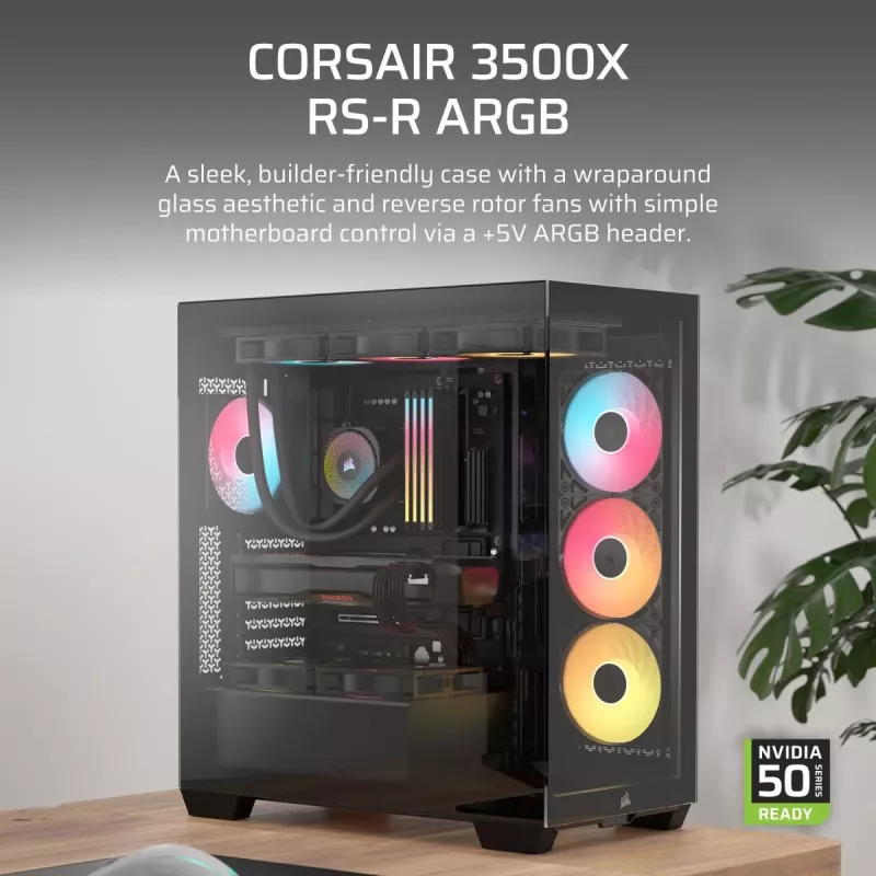 PC Midi-Tower-Gehäuse CORSAIR 3500X RS-R ARGB — Schwarz, gehärtetes Glas, unterstützt ATX/EATX/Micro-ITX, 3x120 mm Frontlüfter