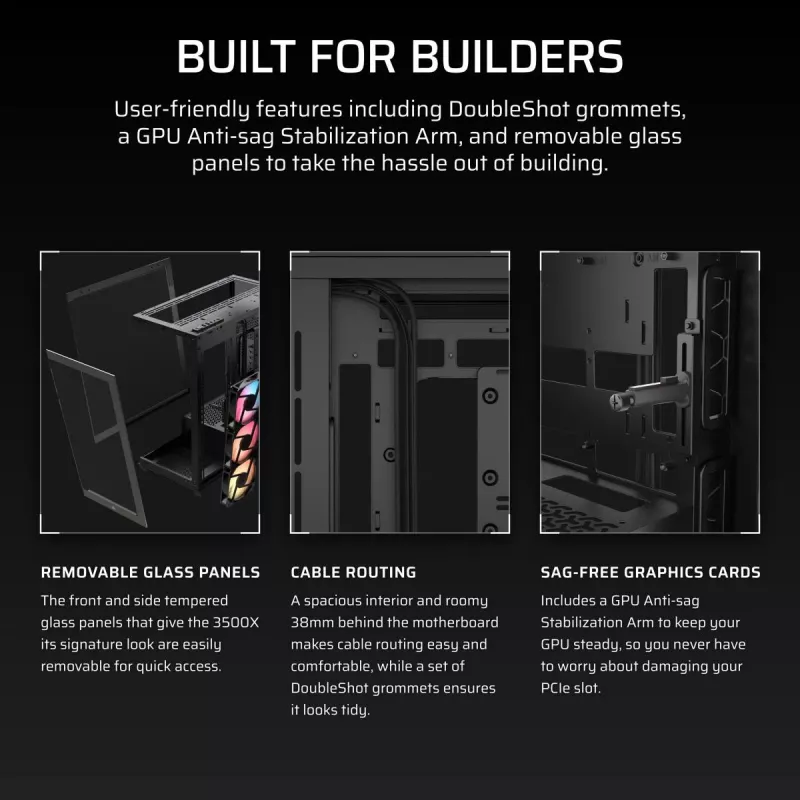 PC Midi-Tower-Gehäuse CORSAIR 3500X RS-R ARGB — Schwarz, gehärtetes Glas, unterstützt ATX/EATX/Micro-ITX, 3x120 mm Frontlüfter