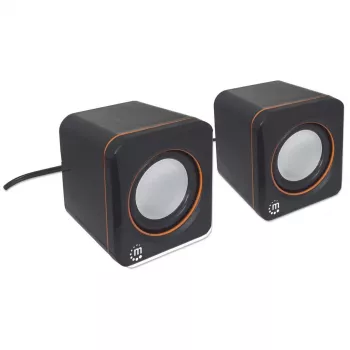 Manhattan 2600 Series Speaker System, Small Size, Big Sound, Two Speakers, Stereo, USB power, Output: 2x 3W, 3.5mm plug for sound, In-Line volume control, Kabel 0.9m, Schwarz, Three Year Warranty