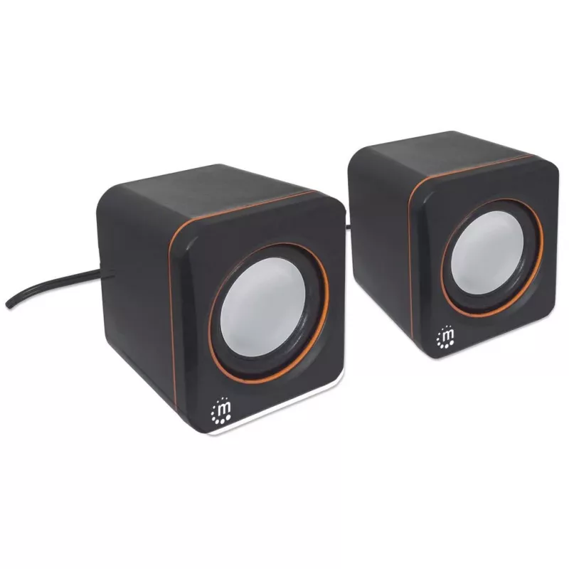 Manhattan 2600 Series Speaker System, Small Size, Big Sound, Two Speakers, Stereo, USB power, Output: 2x 3W, 3.5mm plug for sound, In-Line volume control, Kabel 0.9m, Schwarz, Three Year Warranty