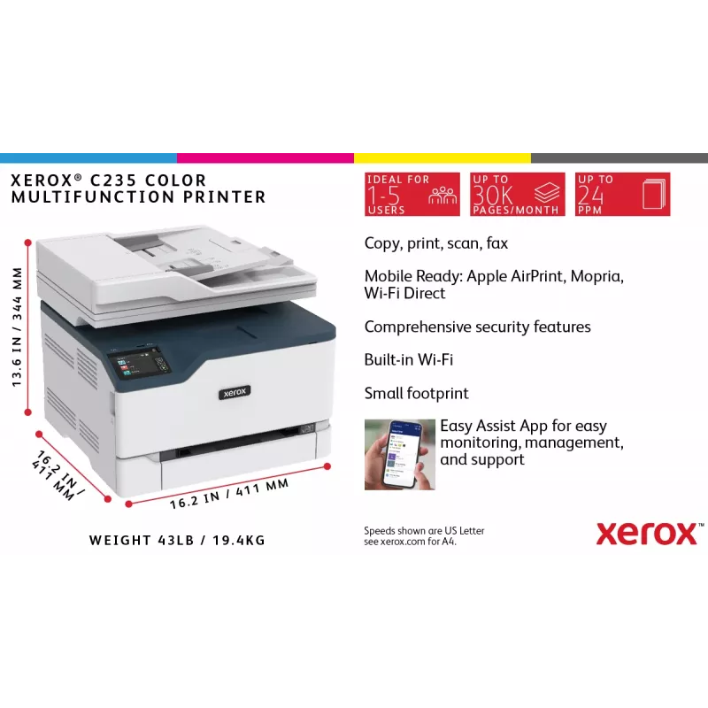 Xerox C235 A4 22ppm Wireless Kopieren/Drucken/Scannen/Fax PS3 PCL5e/6 ADF 2 Papierkassetten insgesamt 251 Blatt