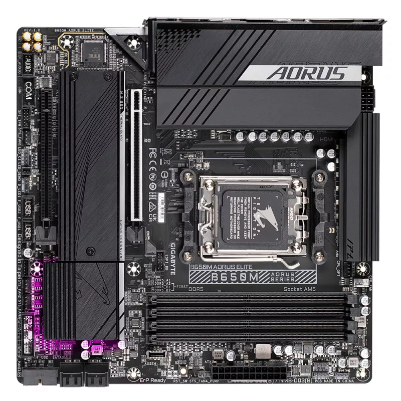 GIGABYTE B650M AORUS ELITE Mainboard - AMD Ryzen 9000 CPUs, 12+2+2 Phasen VRM, bis zu 8000MHz DDR5, 1xPCIe 5.0 + 1xPCIe 4.0 M.2, 2.5GbE LAN, USB 3.2 Gen 2x2