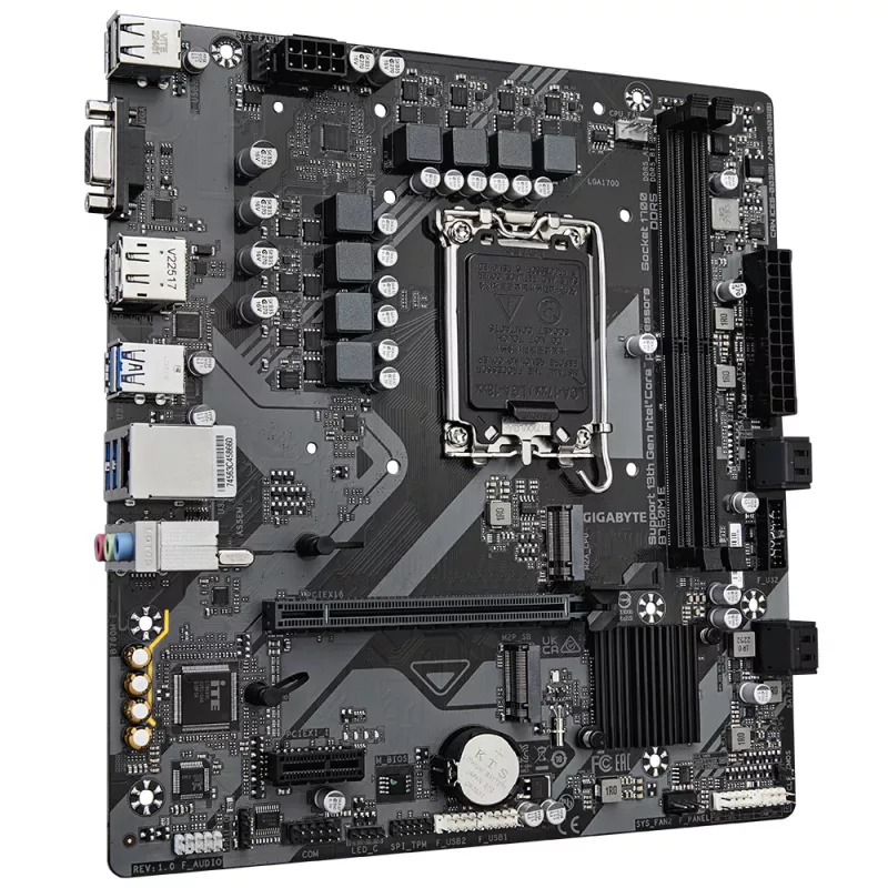 GIGABYTE B760M E Motherboard - Unterstützt Intel Core CPUs der 14. Generation, 6+1+1 Phasen VRM, bis zu 7200MHz DDR5 (OC), 2xPCIe 4.0 M.2, 1 GbE LAN, USB 3.2 Gen 1