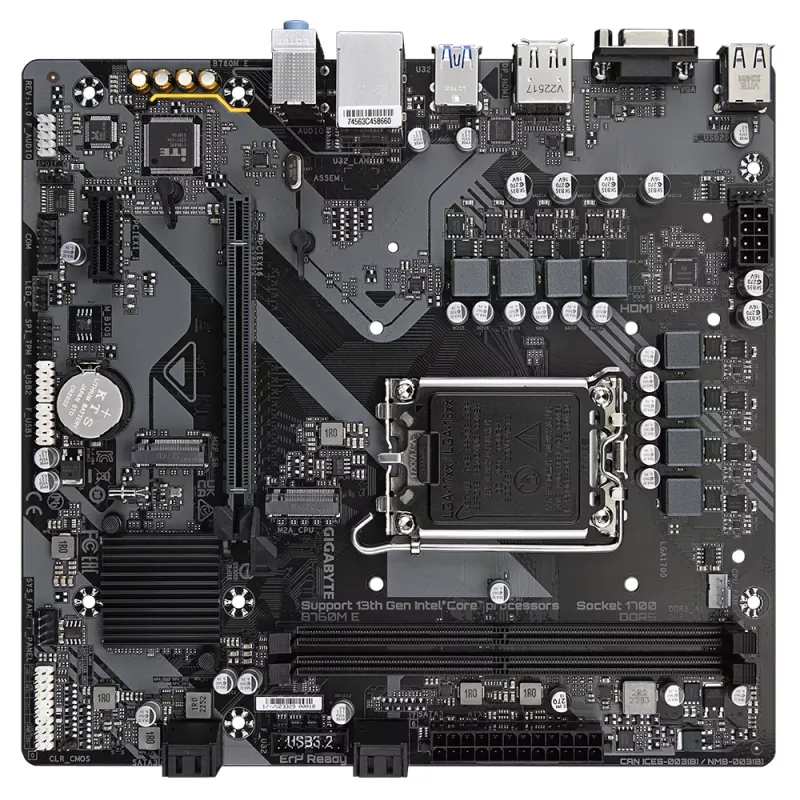 GIGABYTE B760M E Motherboard - Unterstützt Intel Core CPUs der 14. Generation, 6+1+1 Phasen VRM, bis zu 7200MHz DDR5 (OC), 2xPCIe 4.0 M.2, 1 GbE LAN, USB 3.2 Gen 1
