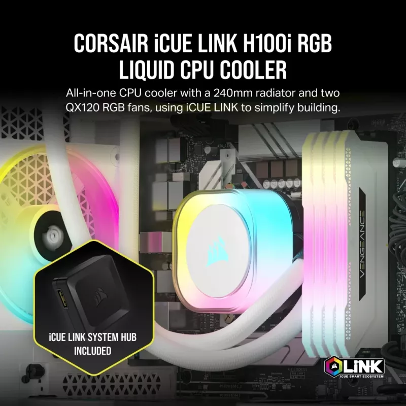 CORSAIR CPU-Kühler – iCUE Link H100i RGB AiO-Flüssigkeitskühler – Weiß