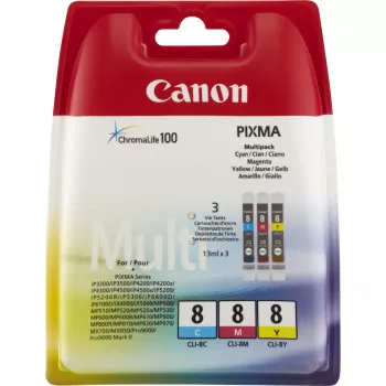 Canon CLI-8 C/M/Y Farbtintenpatronen-Multipack, Cyan, Magenta, Gelb, Pigmenttinte, 3 Stk.