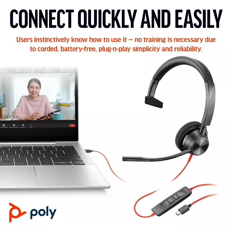 HP Poly Schwarzwire 3310 monaurales Headset mit USB-C + USB-C/A-Adapter