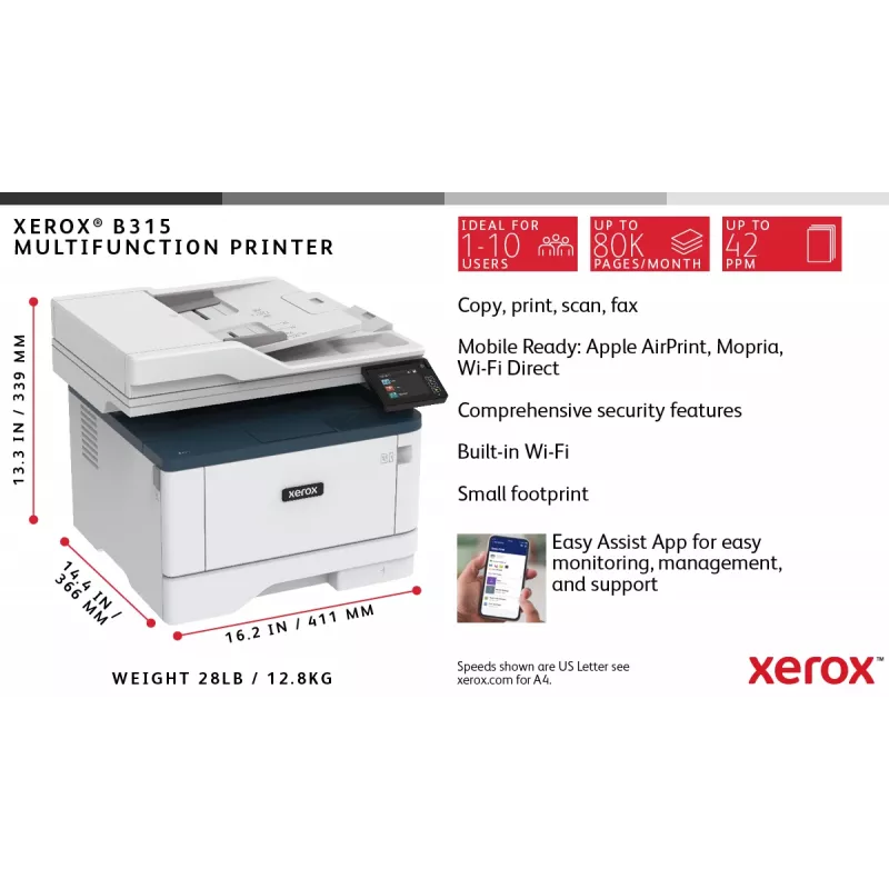 Xerox B315 A4 40ppm Wireless Duplex Kopieren/Drucken/Scannen/Fax PS3 PCL5e/6 2 Papierkassetten 350 Blatt