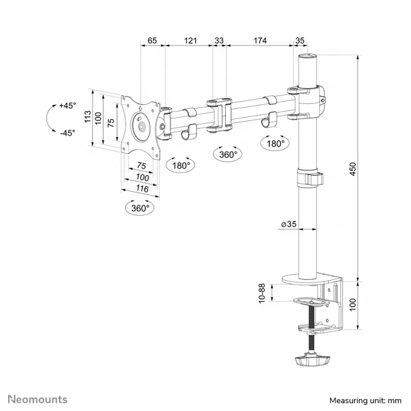 Neomounts NM-D135BLACK Monitorarm 10-27 Zoll, Klemm-/Durchführung, 8 kg, 25,4 cm (10 Zoll), 68,6 cm (27 Zoll), 100 x 100 mm, Schwarz