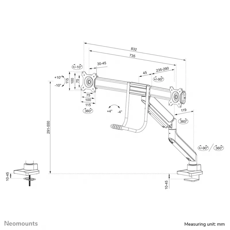 Neomounts DS75-450WH2 Monitorarm 17-32 Zoll - Gasfeder - Topfix - 180°-Stopp