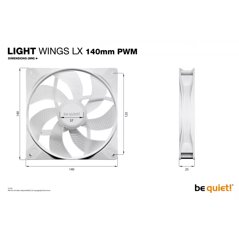 bequiet! LIGHT WINGS LX 140mm PWM 3er-Pack Weiß — 140×25 mm Lüfter, 1200 U/min, 95 m³/h, RGB-LEDs