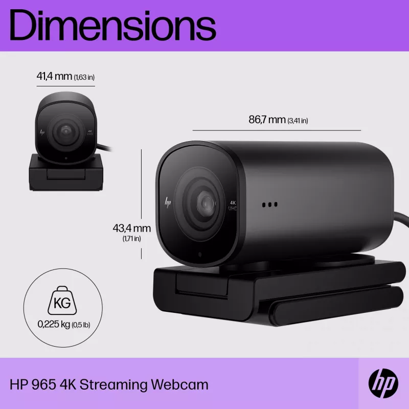 HP 965 4K Streaming Webcam, 8 MP, 3840 x 2160 Pixel, Full HD, 60 fps, 1280x720@30fps, 1280x720@60fps, 1920x1080@30fps, 1920x1080@60fps, 3840x2160@30fps, USB