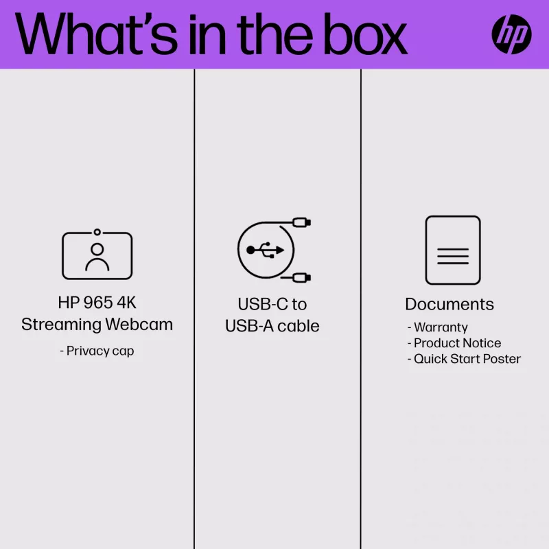 HP 965 4K Streaming Webcam, 8 MP, 3840 x 2160 Pixel, Full HD, 60 fps, 1280x720@30fps, 1280x720@60fps, 1920x1080@30fps, 1920x1080@60fps, 3840x2160@30fps, USB