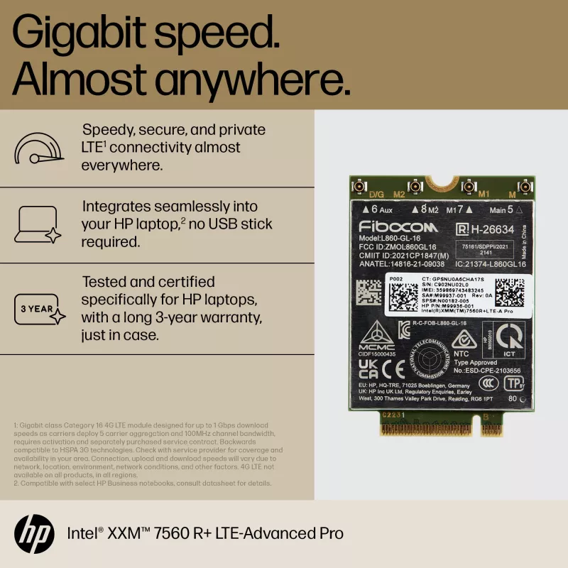 HP XMM 7560 R+ LTE-Advanced Pro WWAN, China, Business, -20 - 65 °C, -40 - 85 °C, Windows 10, Windows 11, 42 mm
