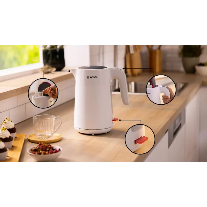 Bosch TWK2M161 Wasserkocher, 1,7 l, 2400 W, weiß, Kunststoffgehäuse, 360°-Basis