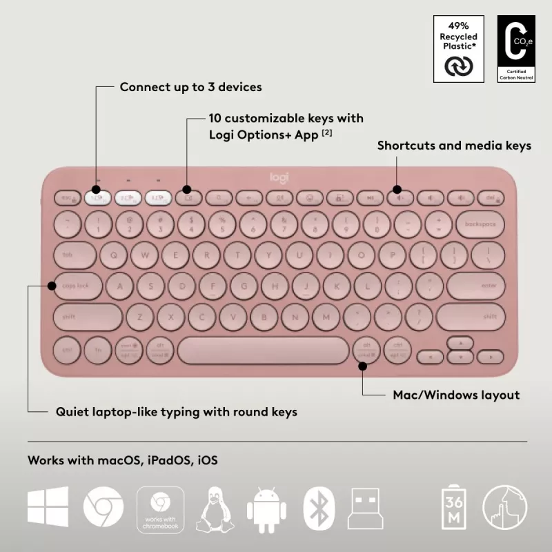 Logitech Pebble 2 Combo Wireless Keyboard Mouse Pink QWERTY