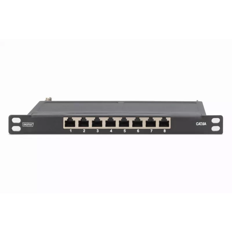 DIGITUS Patch Panel CAT6A geschirmt, 8-Port 1/2U, 10-Zoll-Rack-Einbau, schwarz RAL 9005