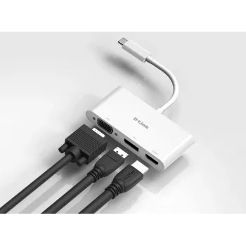 D-Link 3-in-1 USB-C to HDMI/VGA/DisplayPort Adapter, Wired, USB 3.2 Gen 1 (3.1 Gen 1) Type-C, White, CE, FCC, IC, RCM, DC, 0.04 A