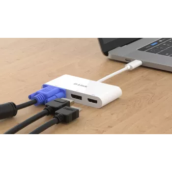 D-Link 3-in-1 USB-C to HDMI/VGA/DisplayPort Adapter, Wired, USB 3.2 Gen 1 (3.1 Gen 1) Type-C, White, CE, FCC, IC, RCM, DC, 0.04 A