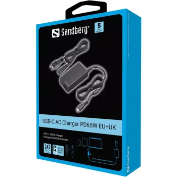 Sandberg USB-C AC Charger PD65W EU+UK, Universal, Innenbereich, 230 V, 65 W, AC-zu-DC, Schwarz