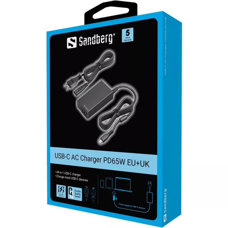 Sandberg USB-C AC Charger PD65W EU+UK, Universal, Innenbereich, 230 V, 65 W, AC-zu-DC, Schwarz