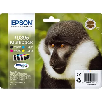 Epson Monkey Multipack 4-Farben T0895 DURABrite Ultra Tinte, Schwarz, Cyan, Magenta, Gelb, 5,8 ml, 3,5 ml, 1 Stk., Multipack